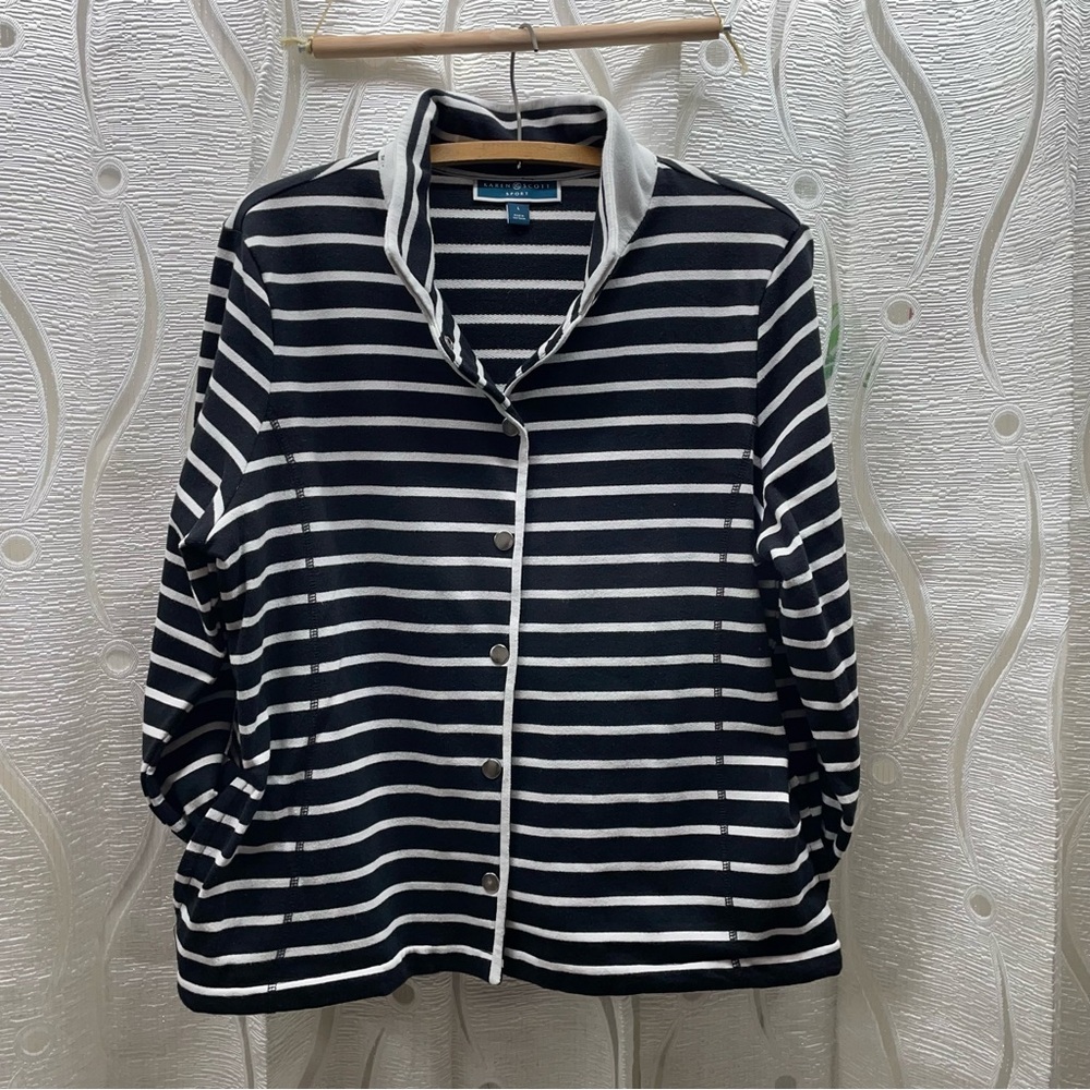 Karen Scott Sport Jacket Women Large‎ Black White Excellent Striped Snap Front